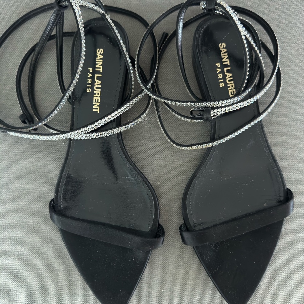 Saint Laurent GIA Black Crystal Strap Flat Sandals
